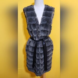 Guess Los Angeles Faux Fur Long Gray Vest With Belt Size Large Elegant